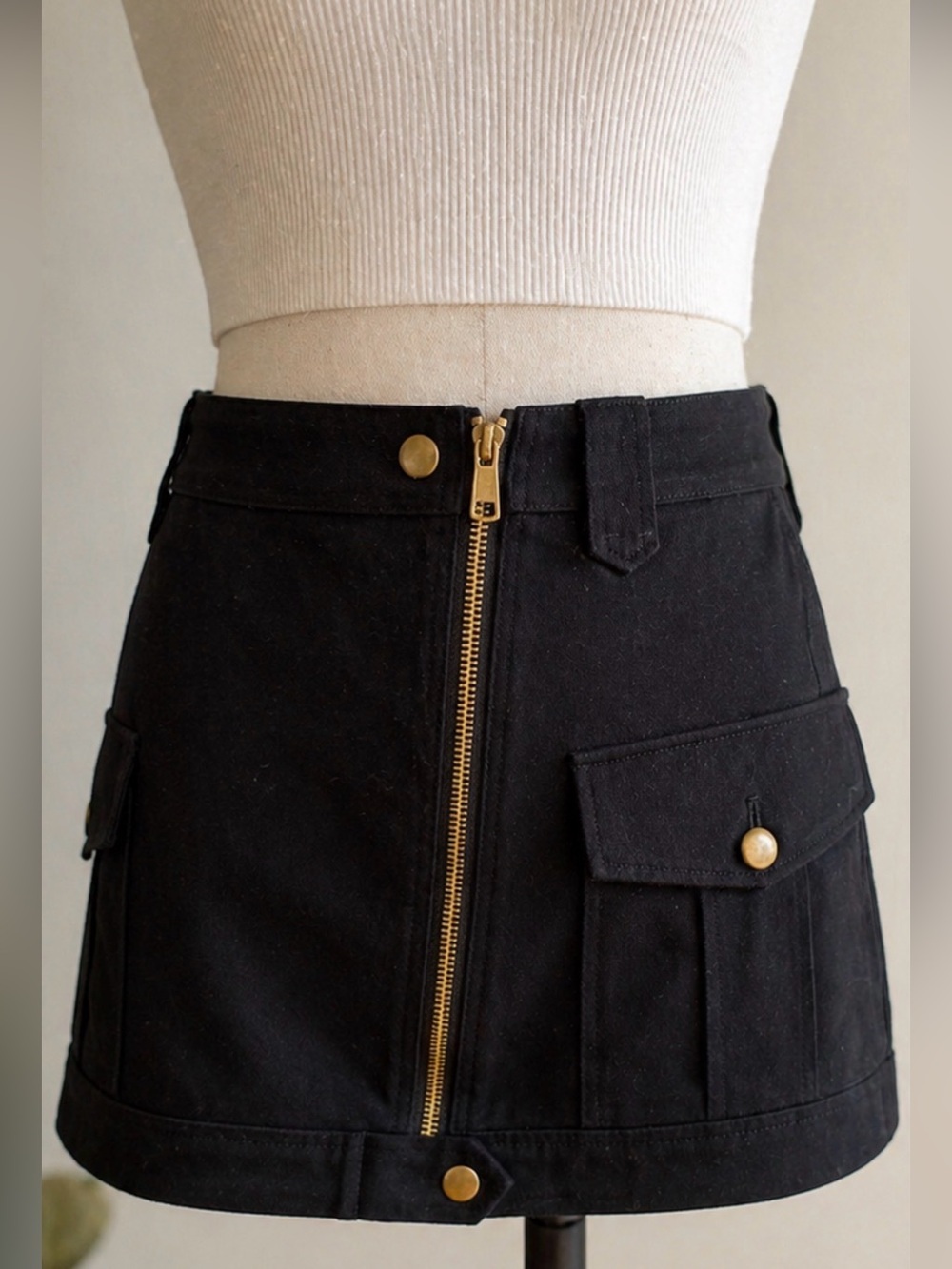 Rebecca Minkoff Black Cargo Mini Skirt | Gold Zip Utility Style | Size 8